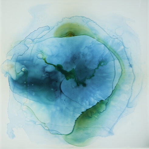 Blue hole 1 2021-78x78x3cm 5 waterpainted glasspanes, glued ,mounted on multiplex 2cm