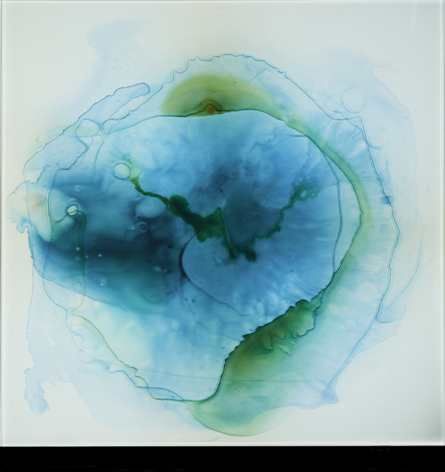 Blue hole 1 2021-78x78x3cm 5 waterpainted glasspanes, glued ,mounted on multiplex 2cm
