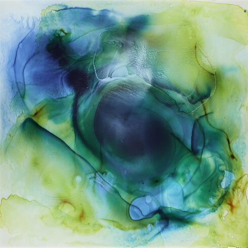 Blue hole 2 2021-78x78x3cm 5 waterpainted glasspanes, glued ,mounted on multiplex 2cm