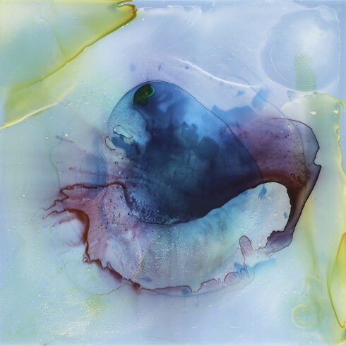 Blue hole 3 2021-78x78x3cm 5 waterpainted glasspanes, glued ,mounted on multiplex 2cm