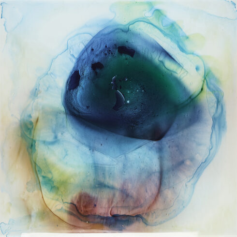 Blue hole 4 2021-78x78x3cm 5 waterpainted glasspanes, glued, mounted on multiplex 2cm