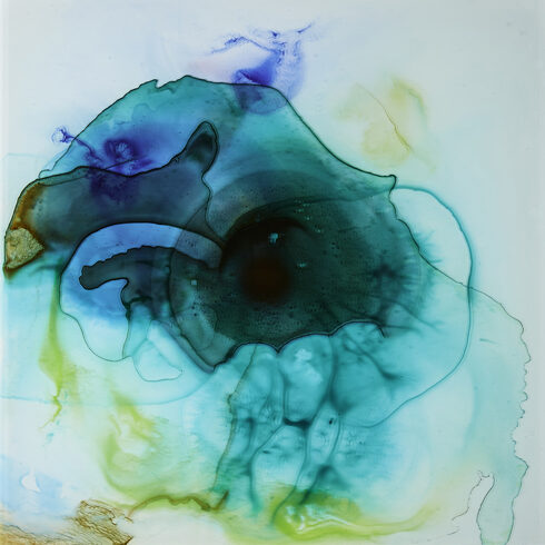 Birdie : H63 2022 30x30x1 inch, 5 waterpainted glass panes, glued ,mounted on multiplex