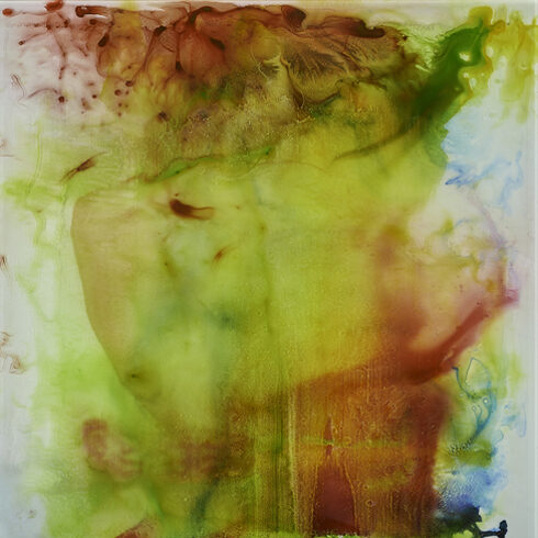 Dance on the volcano 2022 30x30x1 inch, 5 waterpainted glass panes, glued ,mounted on multiplex