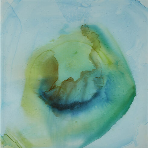 Keepers hand 2022 78x78x3 cm, 5 bemalte Glasscheiben verklebt auf Multiplex montiert