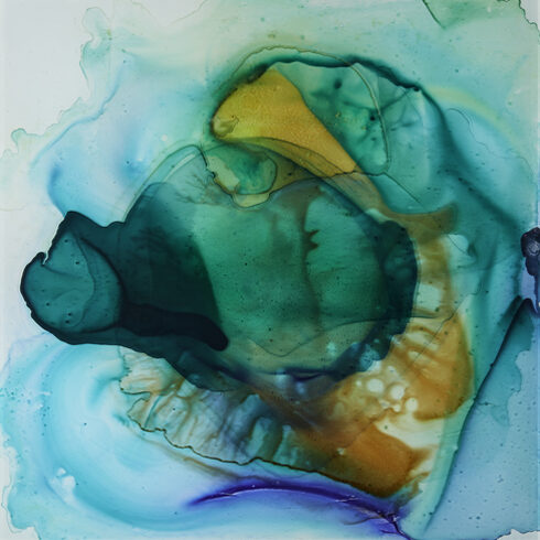 Tortoise dream :H59 2022 30x30x1 inch, 5 waterpainted glass panes, glued, mounted on multiplex