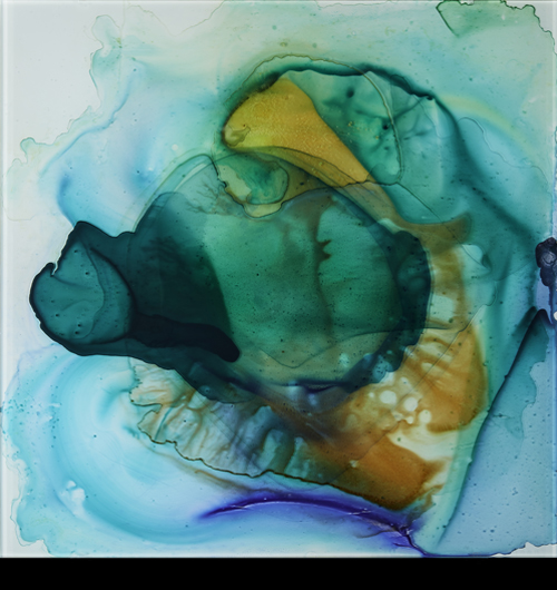 Tortoise dream :H59 2022 30x30x1 inch, 5 waterpainted glass panes, glued, mounted on multiplex